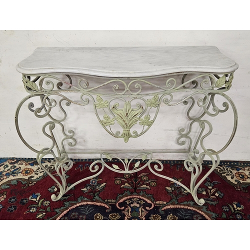 456 - Metal green painted Consol Table, leaf shaped scroll work, with a serpentine white marble top, 92cmH... 