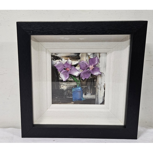 468 - COLIN FLACK “Floral Still Life”, small acrylic on board, purple flowers, 33cm sq (frame size)