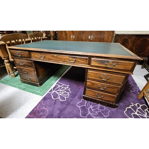 47 - Large 1940’s Pedestal Office Desk, formerly in a Govt Dept at the GPO (Arnotts Label), green leather... 