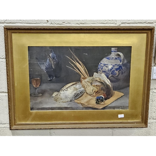 471 - English School, Victorian Watercolour - Game Birds with stoneware Jar -  signed illegibly and dated ... 