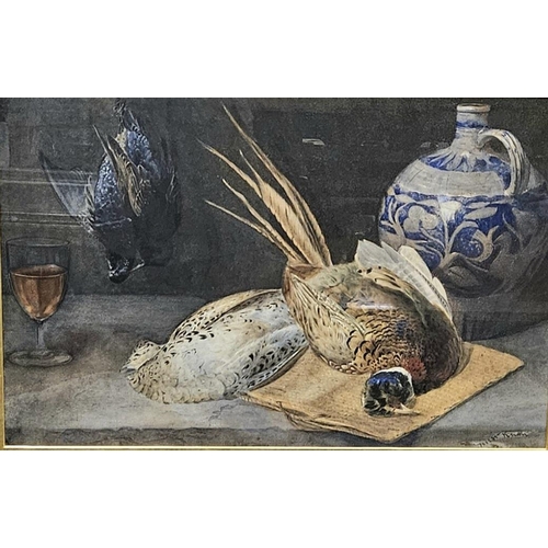 471 - English School, Victorian Watercolour - Game Birds with stoneware Jar -  signed illegibly and dated ... 