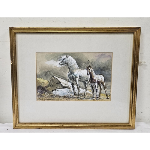 476 - “Mare and Foal by the Seashore”, watercolour, in a gold frame, signed Denis xx, 32cmH x 38cmW