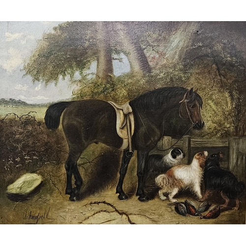 486 - G ARMFIELD, 1810-1893, Oil Painting, saddled brown horse in countryside with hunting dogs and pheasa... 