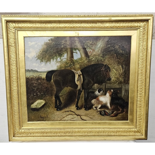 486 - G ARMFIELD, 1810-1893, Oil Painting, saddled brown horse in countryside with hunting dogs and pheasa... 