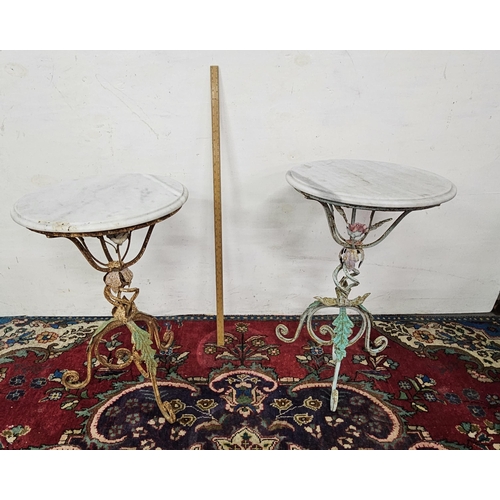 49 - 2 small garden/bistro tables, with circular white marble tops (45cm dia)