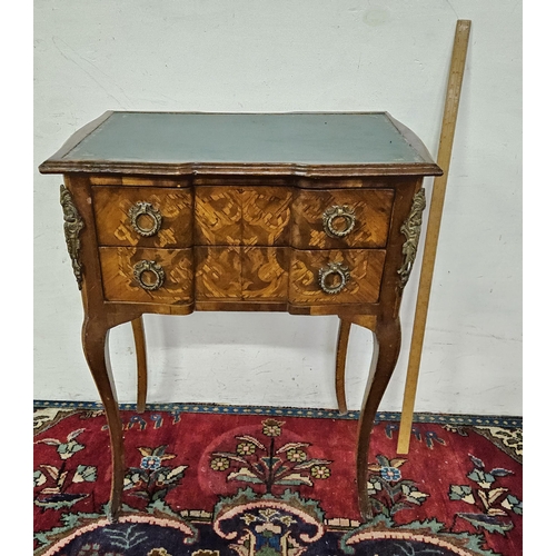 51 - French 2- drawer Side Table / Chest, with a tooled green leatherette top, on sabre legs, 82cmH x 65c... 