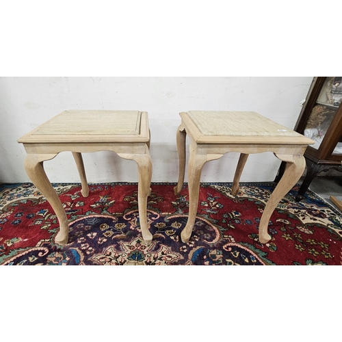 62 - Matching Pair of unvarnished beech Lamp Tables, with square beige marble tops, 50cm sq x 64cmH