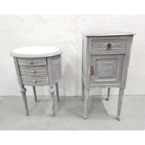 71 - Grey Painted Bedside Cabinet (85cmH x 40cmW) & a similarly painted oval shaped small 3-drawer chest ... 