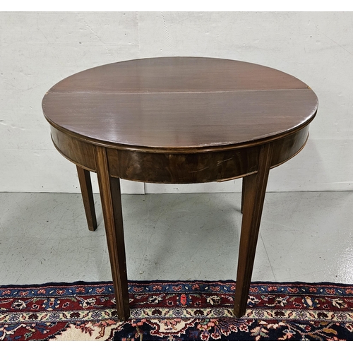 89 - Demi-lune Mahogany Tea Table, on tapered legs (damaged to front trim), 94cmH