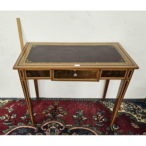 98 - Writing Table 77cmH x 90cmW, with a brown leatherette top and tapered legs, inlaid designs