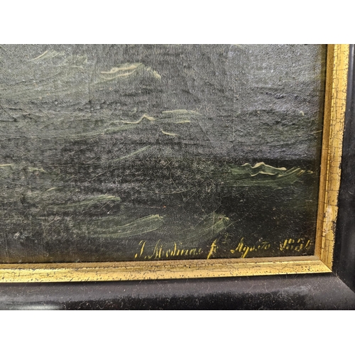 524 - A J AUGISTIS, 19thC Oil on Canvas – A Clipper (small tear in canvas), in an ebony frame, signed 1886... 