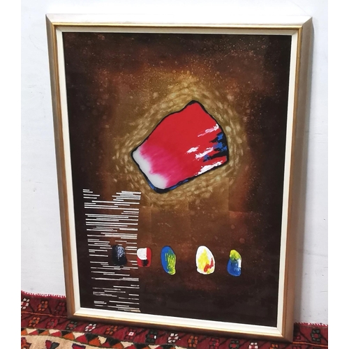 529 - A large Mixed Media on glass framed Picture (with a Musuko label), 76x102cm, silver frame, 