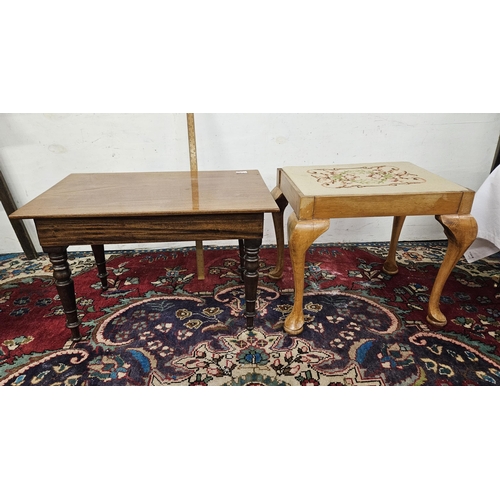 534 - Bedroom stool with a floral tapestry top & a low mahogany coffee table (2)