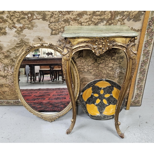 538 - Vintage narrow gilt Console Table, oval gilt framed wall mirror & a Moroccan ceramic plate (3)