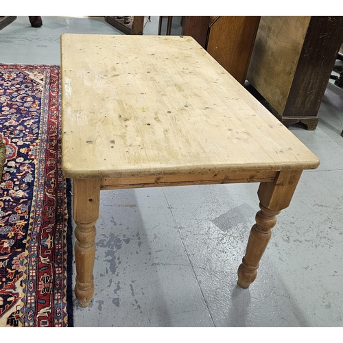 552 - Pine Kitchen Table, on turned legs (ex Strawbridge, worn)