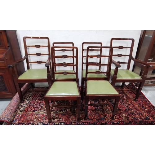 18 - Set of 6 Edw Mahogany Ladder Back Dining Chairs (4 & 2 carvers), green leather covered seats, maker ... 