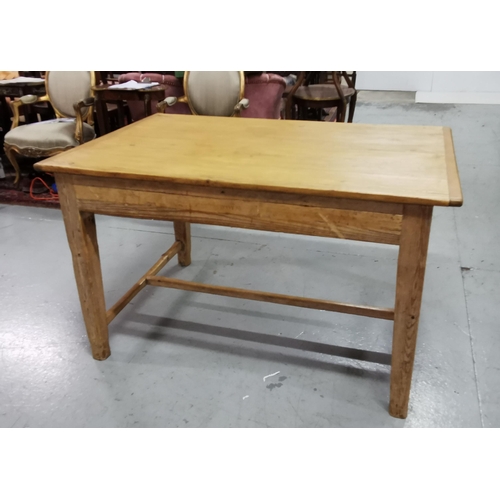 63 - 19thC Irish Pine Kitchen Table, restored, dowelled stretcher base, tapered legs, 1.26cmW x 0.83 D x ... 