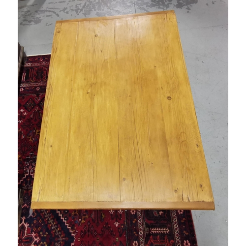 63 - 19thC Irish Pine Kitchen Table, restored, dowelled stretcher base, tapered legs, 1.26cmW x 0.83 D x ... 