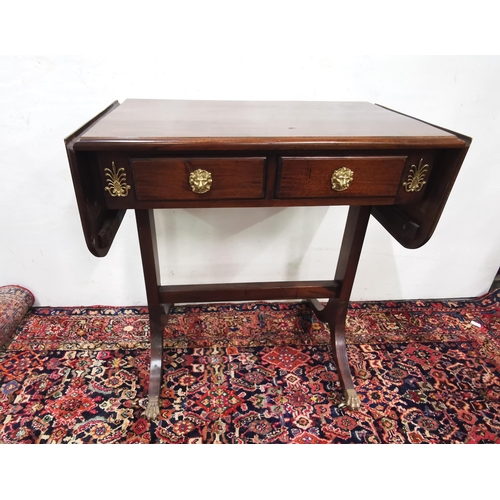 75 - Tall Mahogany Hall Table (a Regency Reproduction), with 2 drawers and drop leaves (lion mask on each... 