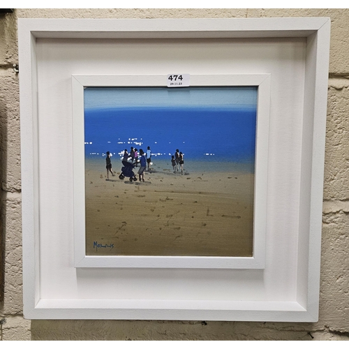 474 - JOHN MORRIS “Summer Beach”, oil on board, signed, in a white frame, 50cm x 50cm (frame size)