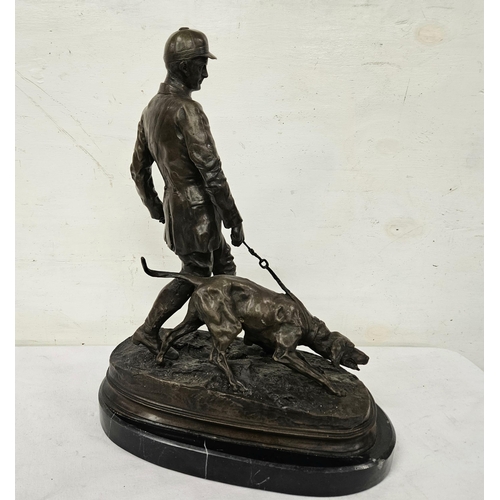 401 - Finely cast Bronze Model of a Huntsman with working Hound, after Mene, on an oval black marble base,... 