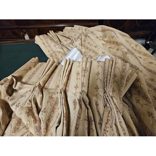 567 - Pair of tall Window Curtains – gold fabric (lined),  with small bouquets of red flowers, about 3.2 m... 