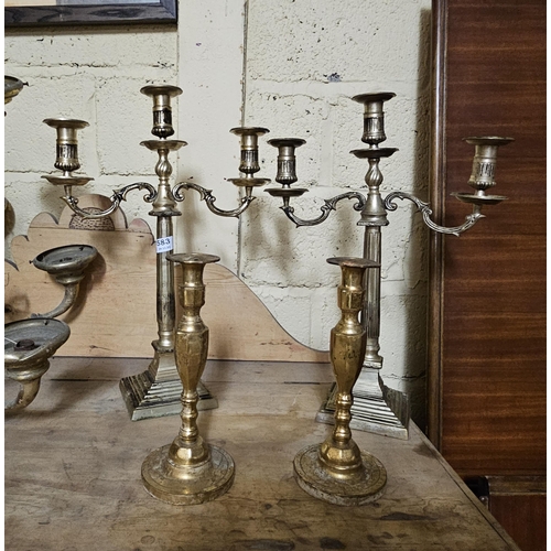 583 - Pair of modern brass candlesticks & a pair of modern chrome candelabra