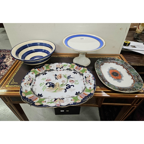 585 - Porcelain Cake Plate, 2 ironstone meat plates (1 stitched) & a glazed basin (4)