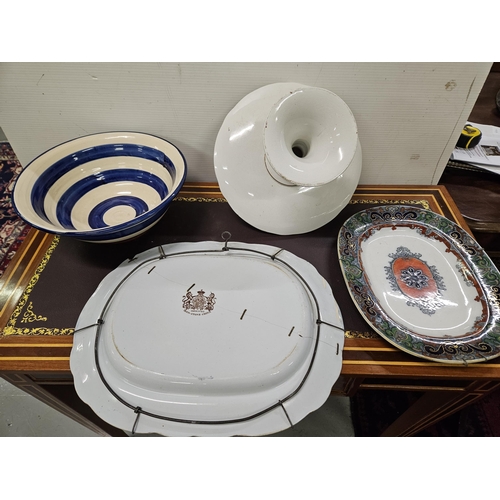 585 - Porcelain Cake Plate, 2 ironstone meat plates (1 stitched) & a glazed basin (4)