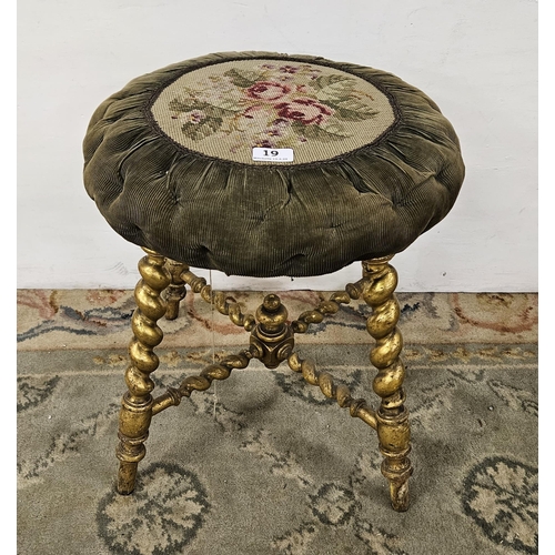 19 - 19thC Circular Dressing Stool, a round floral wool work top with green borders on 4 barley twist des... 