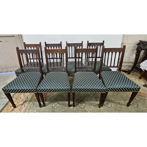 23 - Set of 8 Edwardian Mahogany Dining Chairs, with bar shaped chair backs, green fabric padded seats, o... 