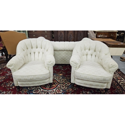 28 - Matching Pair of Tub Shaped Victorian Armchairs, recently recovered with cream damask fabric, button... 