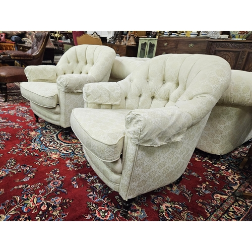28 - Matching Pair of Tub Shaped Victorian Armchairs, recently recovered with cream damask fabric, button... 