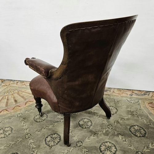 30 - Georgian Mahogany Framed Library Armchair, with curve-end arm rests, covered with worn dark red leat... 