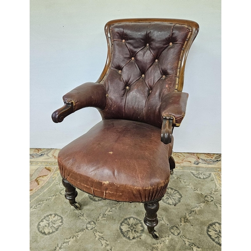30 - Georgian Mahogany Framed Library Armchair, with curve-end arm rests, covered with worn dark red leat... 
