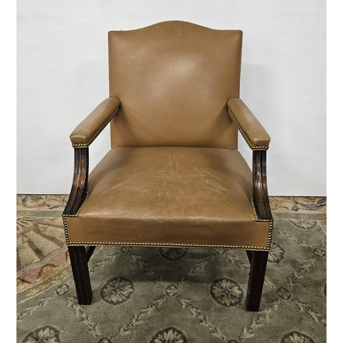 32 - French mahogany framed Library Armchair, covered with brown leather upholstery, brass studded detail... 