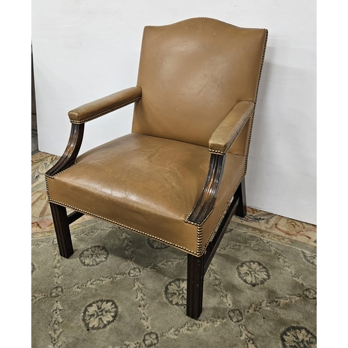 32 - French mahogany framed Library Armchair, covered with brown leather upholstery, brass studded detail... 