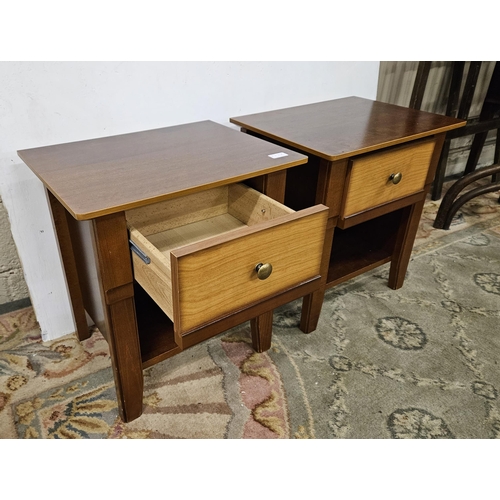 51 - Matching pair of modern low-sized mahogany colour Bedside Cabinets, each with 1 drawer and undershel... 