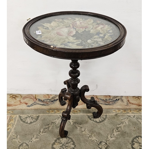 55 - Victorian Mahogany Occasional Table, the glass top enclosing a floral stumpwork design, on a scrolle... 