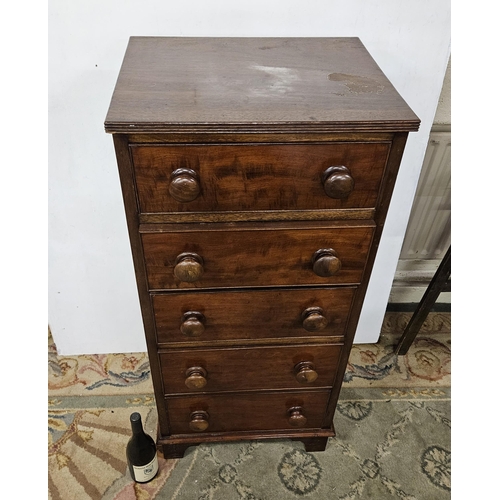 63 - Compact Mahogany Tallboy Chest of 5 Drawers with turned knobs, bracket feet, 53cmW X 115cmW