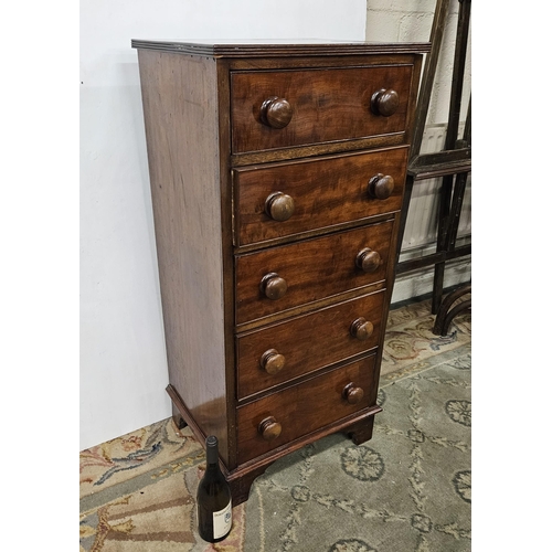 63 - Compact Mahogany Tallboy Chest of 5 Drawers with turned knobs, bracket feet, 53cmW X 115cmW