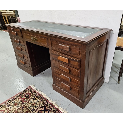 65 - 1950s French Mahogany Kneehole Writing Desk, with a green leatherette top  5 drawers on either sid... 