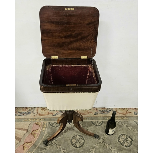 73 - Regency Lady's Work Table/Sewing Box - a hinged rosewood lid with brass inlay over a cream linen cov... 