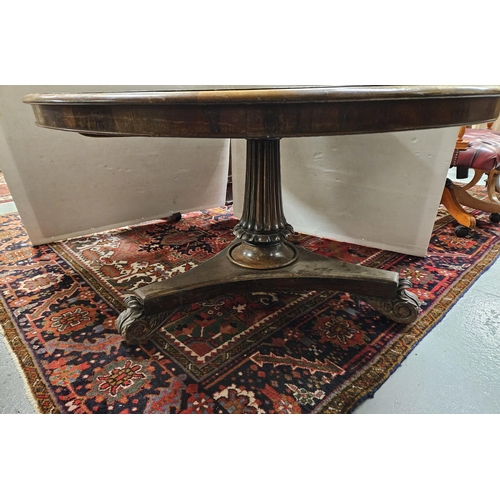 72 - 19thC Rosewood Circular Dining/Centre Table, on a ribbed pod support, 3 splayed legs, scrolled toes,... 