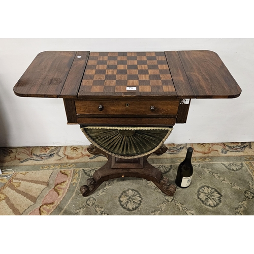 74 - 19thC French Walnut Sewing Table with an inlaid games board top, above a frieze drawer and a sliding... 