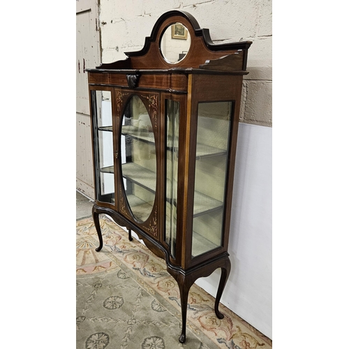 103 - Edwardian Mahogany Display Cabinet, an oval mirrored gallery above a floral polychrome border and a ... 