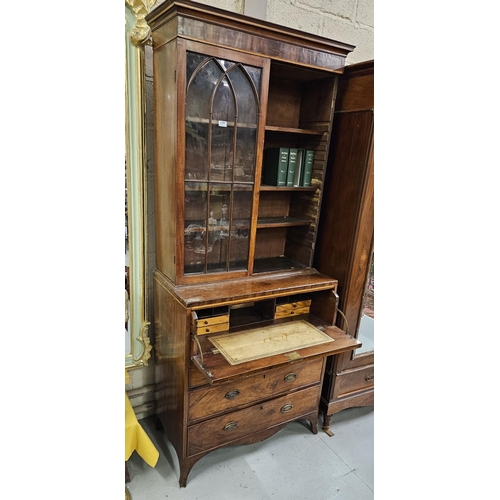 104 - 19thC Mahogany Secretaire Bookcase  two glazed doors over a sliding desk having compartments inside... 