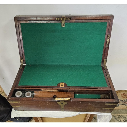 113 - 19thC brass bound Lap Writing Desk, green baize covered writing slope and 2 inkwells, carrying handl... 