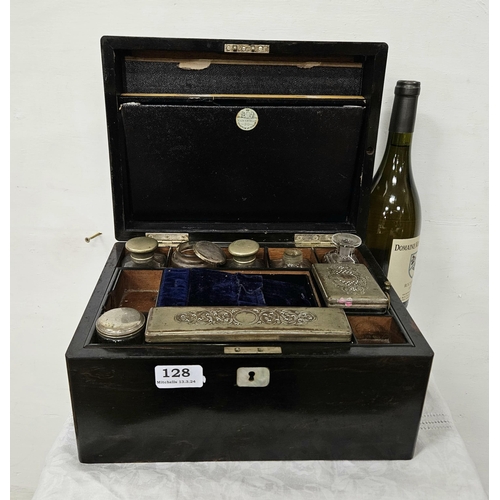 128 - Rosewood Cased Travelling Vanity Case, the interior filled with glass bottles, plated tops (worn), l... 