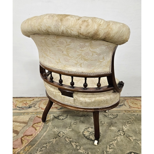 14 - Victorian Mahogany framed Armchair, cream button upholstered fabric to the curved top rail & seat (l... 